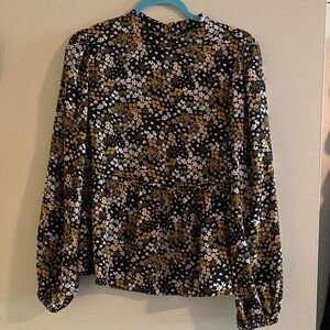 Floral Long Sleeve Women's Top - Black/yellow/grey and White peplum